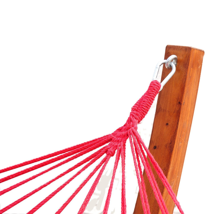 Freestanding Wide Cotton Hammock Swing Day Bed w Solid Wood Stand & Safety Ropes - Rainbow Red