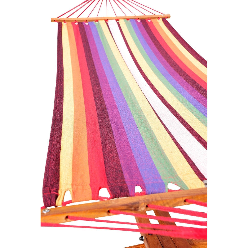Freestanding Wide Cotton Hammock Swing Day Bed w Solid Wood Stand & Safety Ropes - Rainbow Red