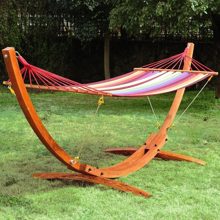 Freestanding Wide Cotton Hammock Swing Day Bed w Solid Wood Stand & Safety Ropes - Rainbow Red