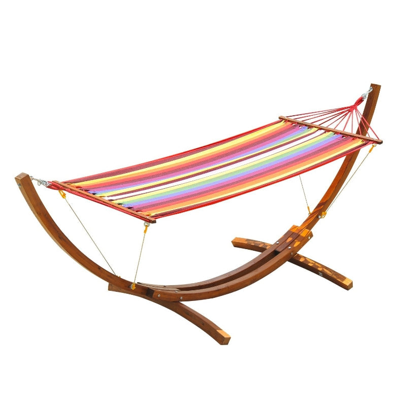 Freestanding Wide Cotton Hammock Swing Day Bed w Solid Wood Stand & Safety Ropes - Rainbow Red