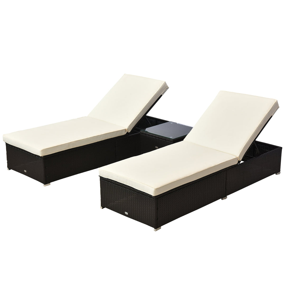 3pc PE Rattan Wicker Sun Lounger Recliner Patio Deck Chaise Set w/ Table, Dk Brown, Cream White
