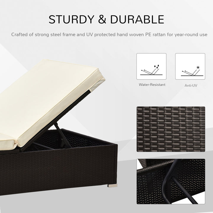 3pc PE Rattan Wicker Sun Lounger Recliner Patio Deck Chaise Set w/ Table, Dk Brown, Cream White