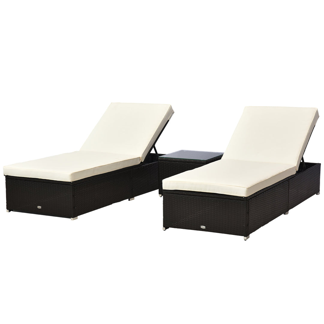 3pc PE Rattan Wicker Sun Lounger Recliner Patio Deck Chaise Set w/ Table, Dk Brown, Cream White