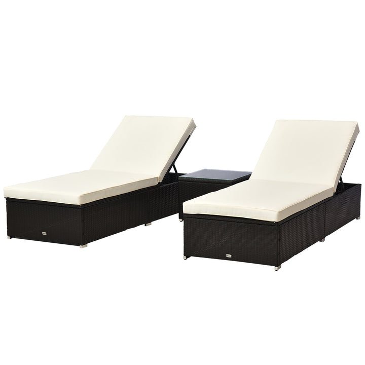3pc PE Rattan Wicker Sun Lounger Recliner Patio Deck Chaise Set w/ Table, Dk Brown, Cream White