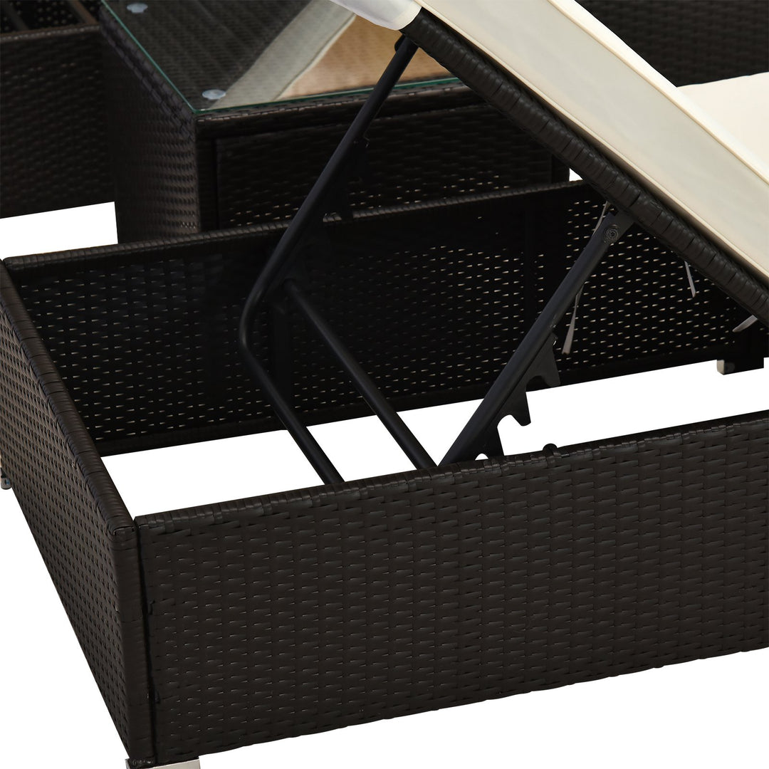 3pc PE Rattan Wicker Sun Lounger Recliner Patio Deck Chaise Set w/ Table, Dk Brown, Cream White