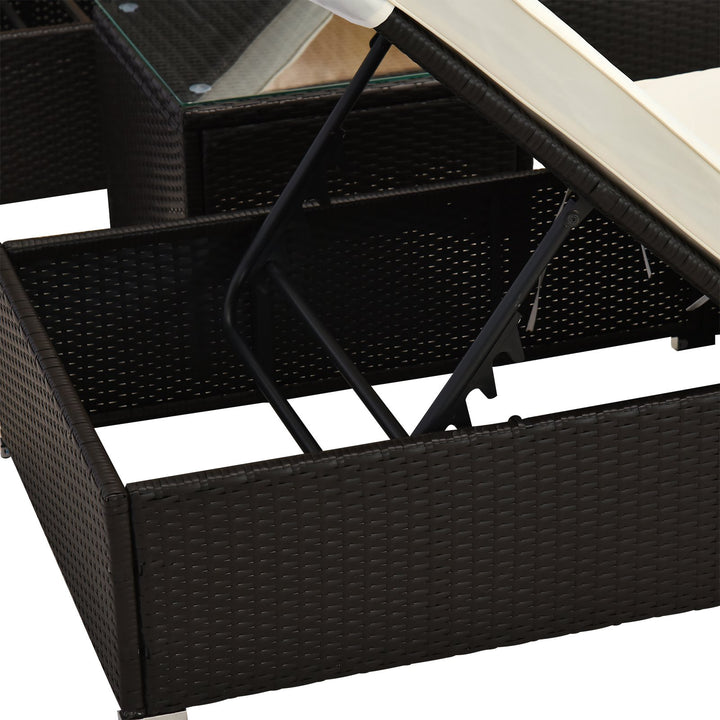 3pc PE Rattan Wicker Sun Lounger Recliner Patio Deck Chaise Set w/ Table, Dk Brown, Cream White