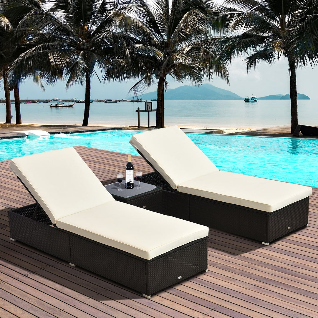 3pc PE Rattan Wicker Sun Lounger Recliner Patio Deck Chaise Set w/ Table, Dk Brown, Cream White
