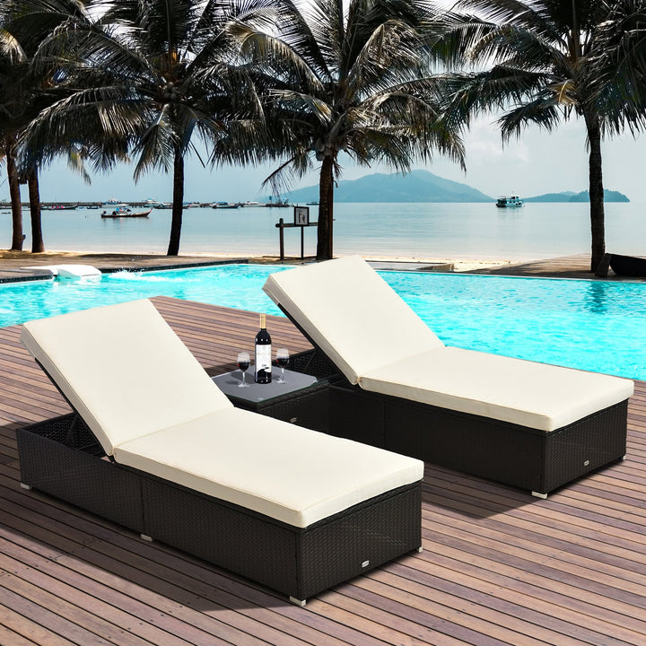 3pc PE Rattan Wicker Sun Lounger Recliner Patio Deck Chaise Set w/ Table, Dk Brown, Cream White