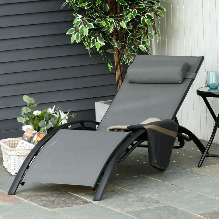 Reclining Chaise Sun Lounger Chair w/ Pillow, Adjustable Back for Outdoor Patio Deck - Grey
