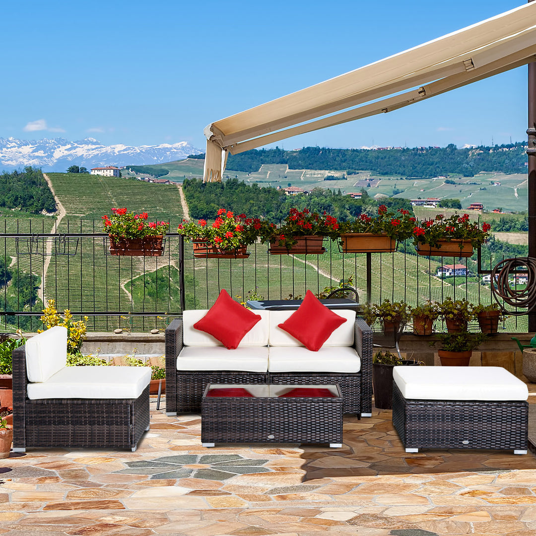 5pc Premium PE Rattan Wicker Aluminum Conversation Sofa Set for Outdoor Patio - Dk Brown, Cream