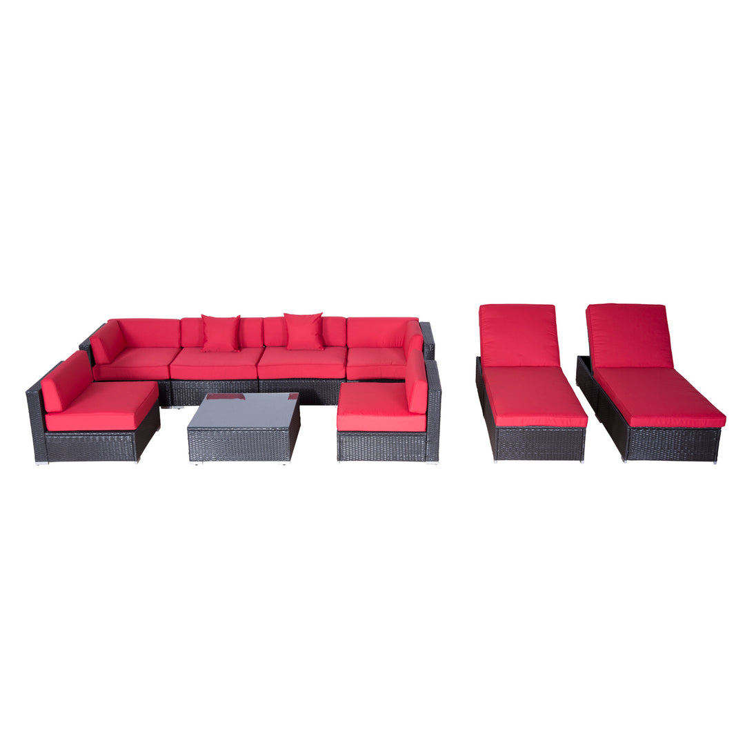 9pc Premium PE Rattan Wicker Aluminum Sectional Conversation Patio Set w 2 Loungers, Red, Brown