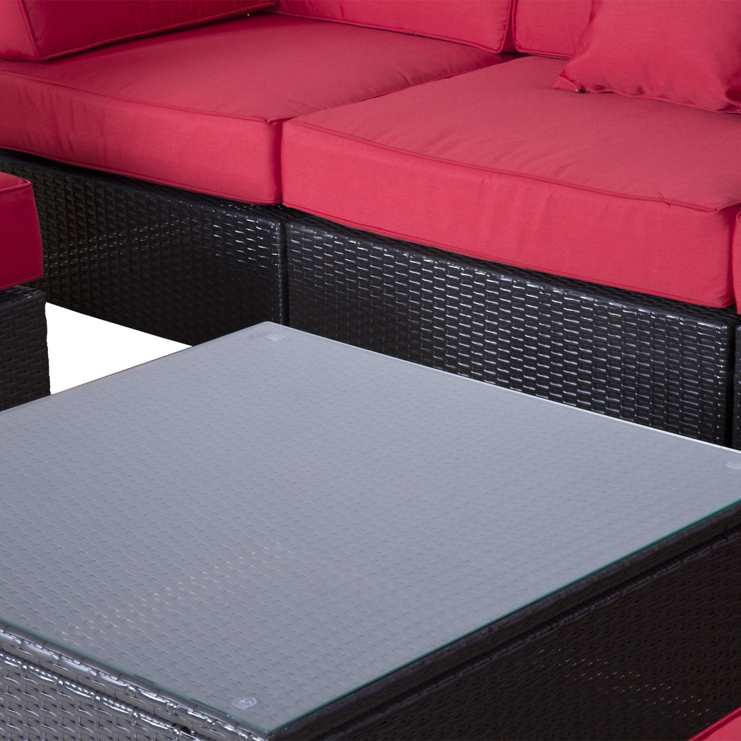 9pc Premium PE Rattan Wicker Aluminum Sectional Conversation Patio Set w 2 Loungers, Red, Brown
