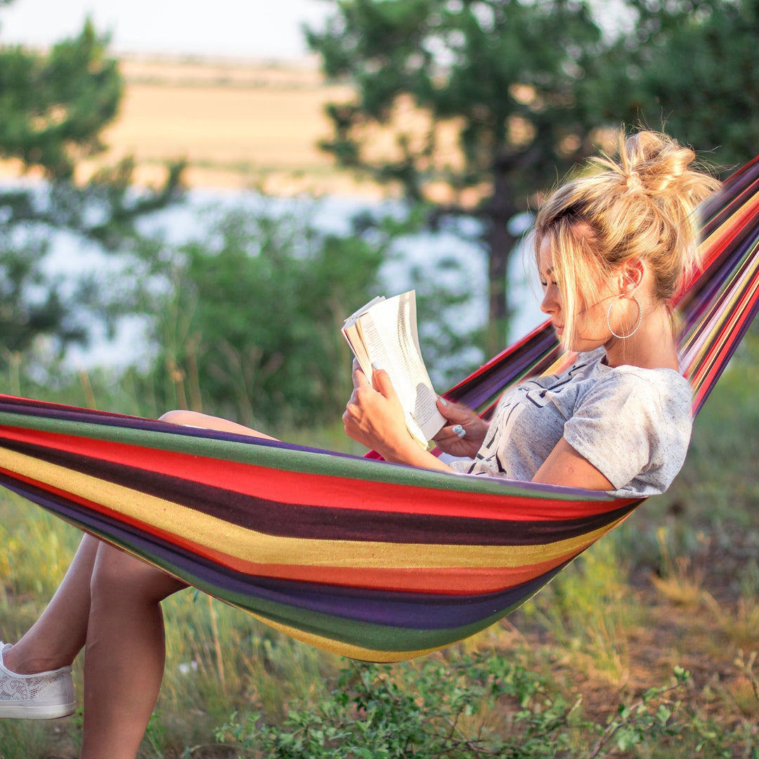 Large Fabric Sling Brazilian Hammock Lounger w Carry Bag, Yard Garden Camping, Rainbow Stripe