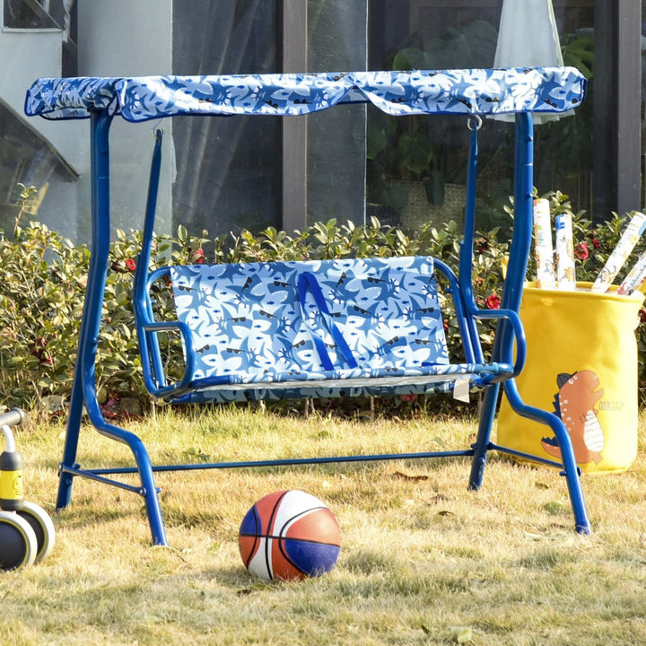 Outdoor 2-Seater Kid Swing Lounger w/ Adjustable Canopy for Patio Backyard Garden - Blue Shark