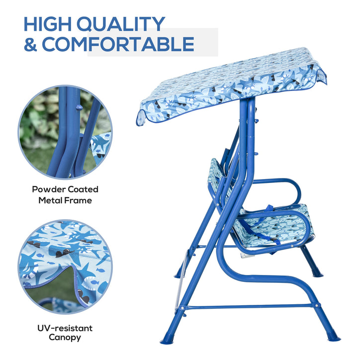 Outdoor 2-Seater Kid Swing Lounger w/ Adjustable Canopy for Patio Backyard Garden - Blue Shark