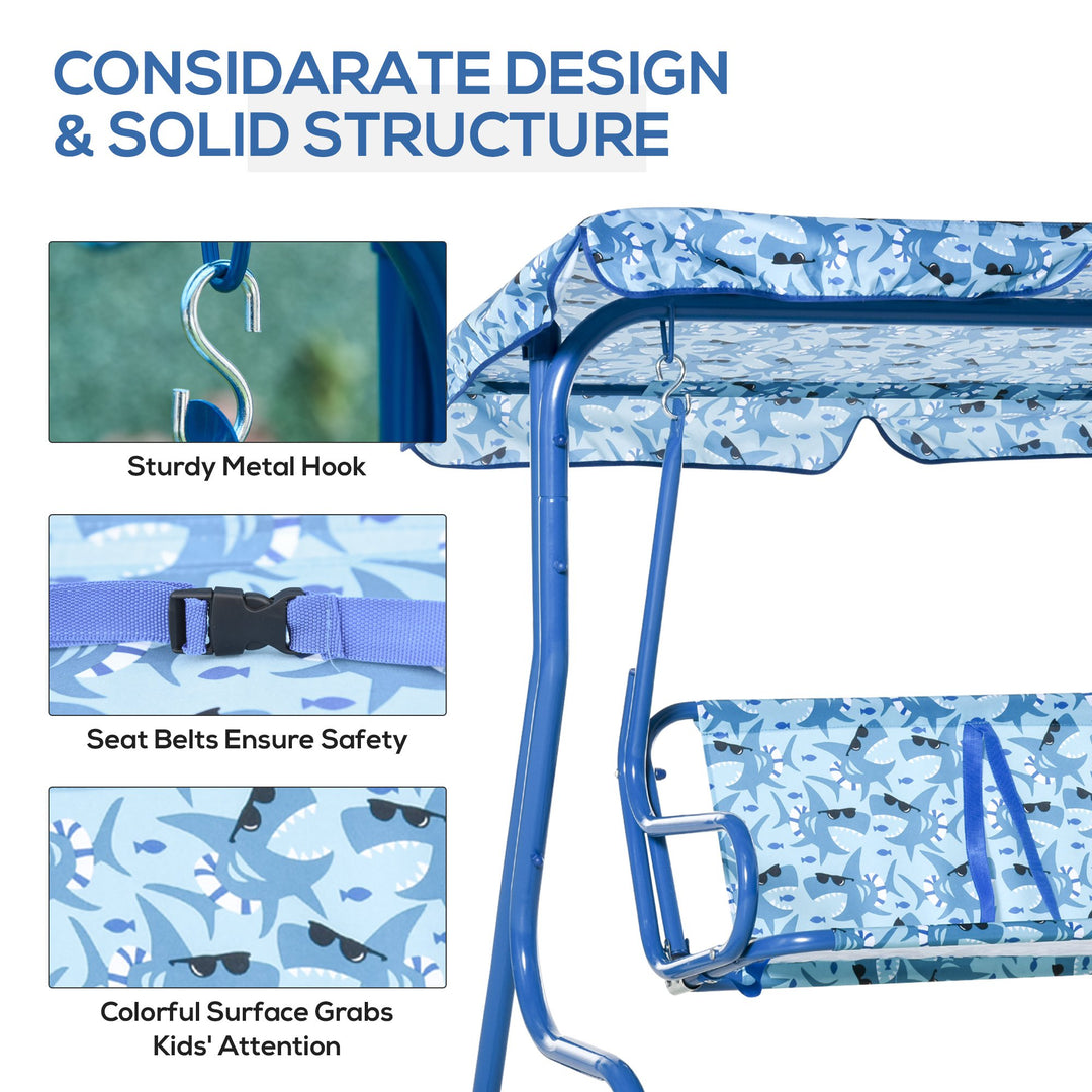 Outdoor 2-Seater Kid Swing Lounger w/ Adjustable Canopy for Patio Backyard Garden - Blue Shark