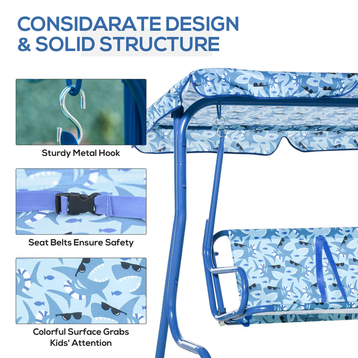 Outdoor 2-Seater Kid Swing Lounger w/ Adjustable Canopy for Patio Backyard Garden - Blue Shark