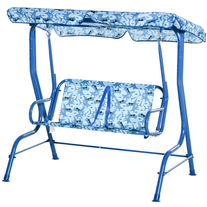 Outdoor 2-Seater Kid Swing Lounger w/ Adjustable Canopy for Patio Backyard Garden - Blue Shark