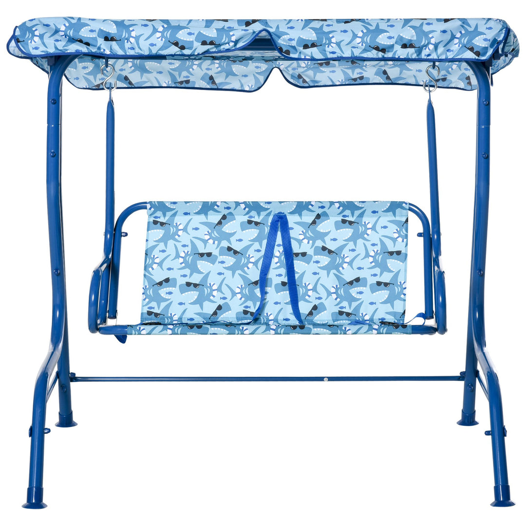 Outdoor 2-Seater Kid Swing Lounger w/ Adjustable Canopy for Patio Backyard Garden - Blue Shark