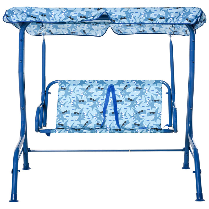 Outdoor 2-Seater Kid Swing Lounger w/ Adjustable Canopy for Patio Backyard Garden - Blue Shark