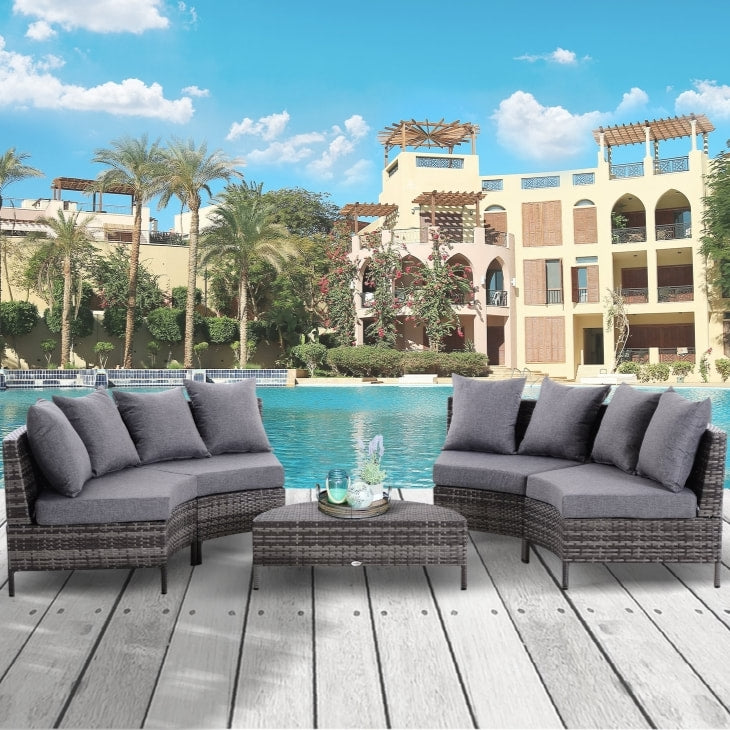 5pc Curved PE Rattan Wicker Sectional Conversation Furniture Set w Cushions Outdoor Patio, Grey