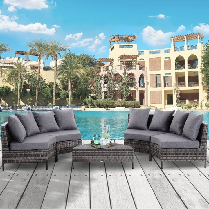 5pc Curved PE Rattan Wicker Sectional Conversation Furniture Set w Cushions Outdoor Patio, Grey