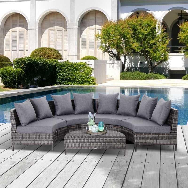 5pc Curved PE Rattan Wicker Sectional Conversation Furniture Set w Cushions Outdoor Patio, Grey