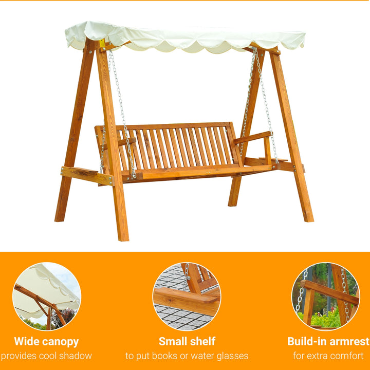 Outdoor 3-Seater Swing Lounger w/ Adjustable Canopy for Patio Backyard Garden Deck - Wood