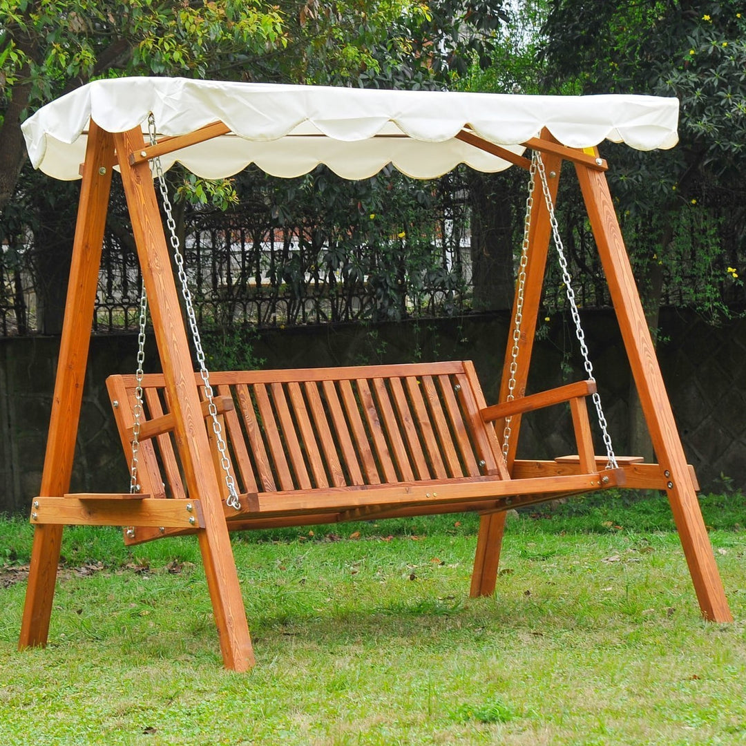Outdoor 3-Seater Swing Lounger w/ Adjustable Canopy for Patio Backyard Garden Deck - Wood