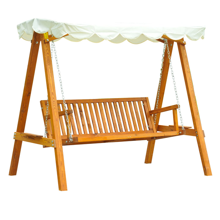 Outdoor 3-Seater Swing Lounger w/ Adjustable Canopy for Patio Backyard Garden Deck - Wood