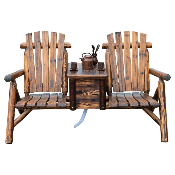 2 Seat Rustic Wooden Farmhouse Lounger w/ Cooler, Patio Tanning Beach Pool Deck Garden - Walnut