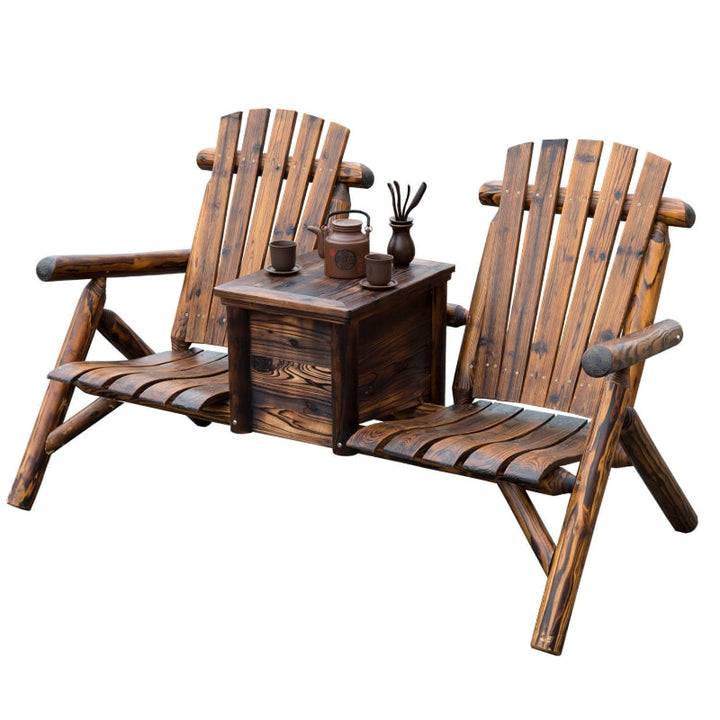 2 Seat Rustic Wooden Farmhouse Lounger w/ Cooler, Patio Tanning Beach Pool Deck Garden - Walnut