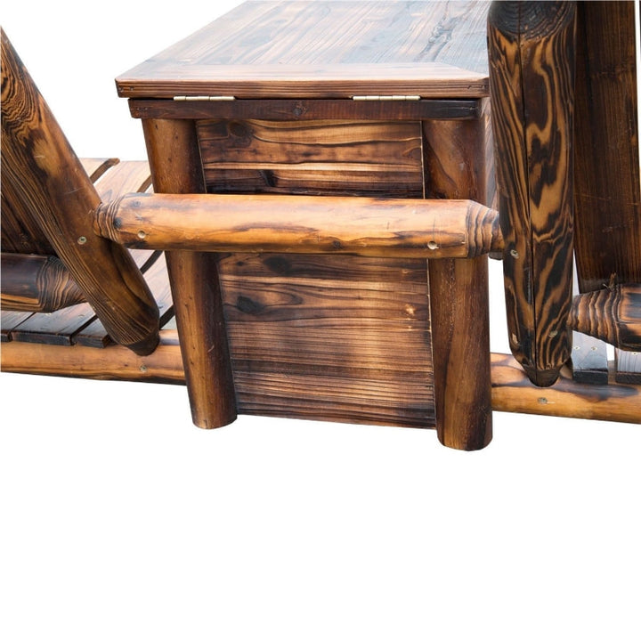 2 Seat Rustic Wooden Farmhouse Lounger w/ Cooler, Patio Tanning Beach Pool Deck Garden - Walnut