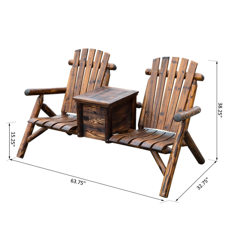 2 Seat Rustic Wooden Farmhouse Lounger w/ Cooler, Patio Tanning Beach Pool Deck Garden - Walnut