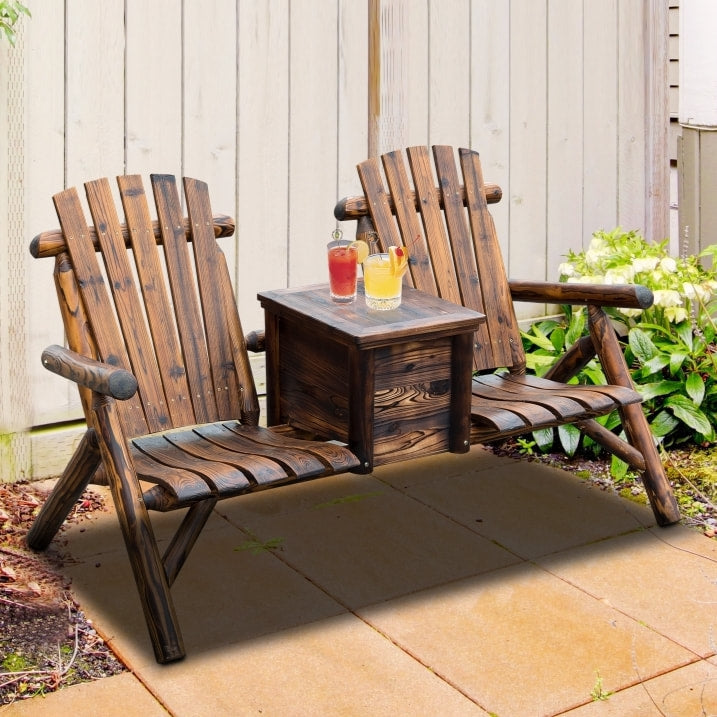 2 Seat Rustic Wooden Farmhouse Lounger w/ Cooler, Patio Tanning Beach Pool Deck Garden - Walnut