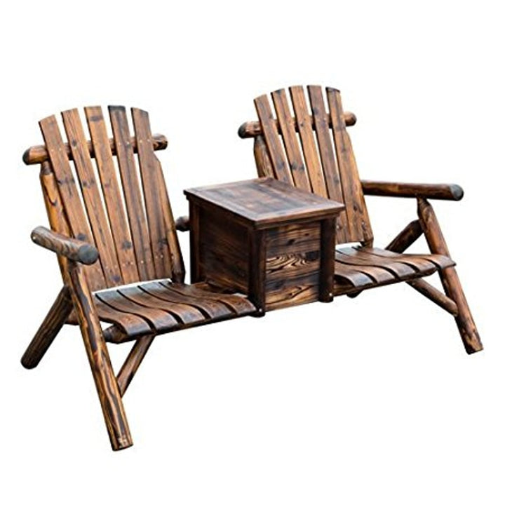 2 Seat Rustic Wooden Farmhouse Lounger w/ Cooler, Patio Tanning Beach Pool Deck Garden - Walnut