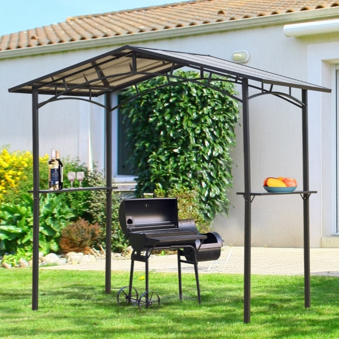 8' x 5' Aluminum Steel Gazebo Canopy Shelter w/ PC Hardtop Roof, Shelves for BBQ Grill - Black