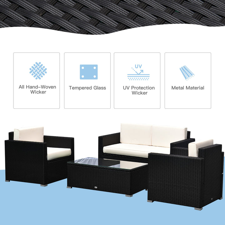 4pc PE Rattan Wicker Conversation Furniture Set w/ Cushions, Outdoor Patio - Black, Cream White