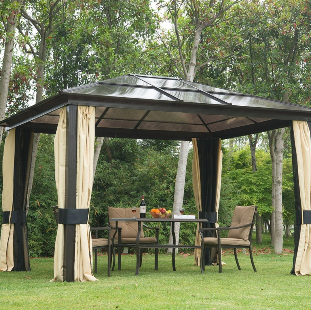 12’ x 10' Aluminum PC Hardtop Gazebo Canopy Shelter w/ Curtains Mosquito Netting Brown & Beige