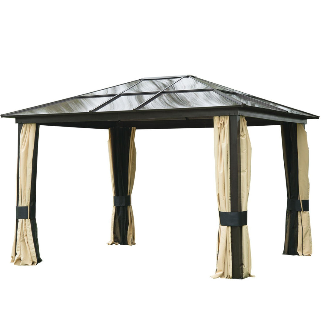 12’ x 10' Aluminum PC Hardtop Gazebo Canopy Shelter w/ Curtains Mosquito Netting Brown & Beige
