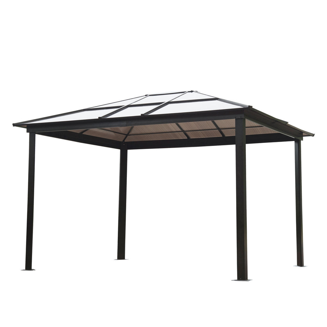 12’ x 10' Aluminum PC Hardtop Gazebo Canopy Shelter w/ Curtains Mosquito Netting Brown & Beige