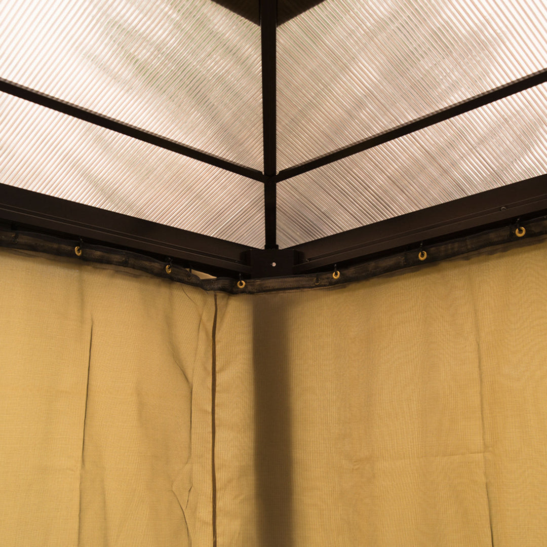 12’ x 10' Aluminum PC Hardtop Gazebo Canopy Shelter w/ Curtains Mosquito Netting Brown & Beige