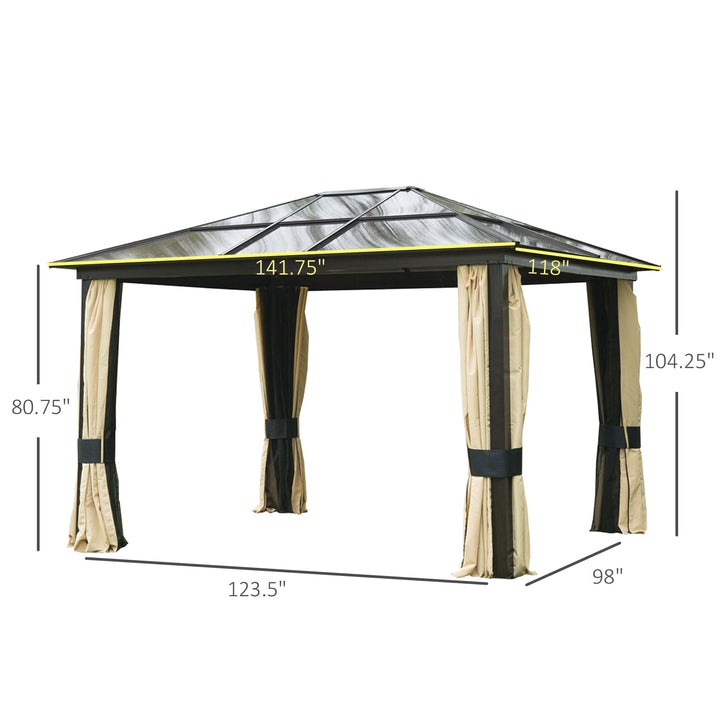 12’ x 10' Aluminum PC Hardtop Gazebo Canopy Shelter w/ Curtains Mosquito Netting Brown & Beige