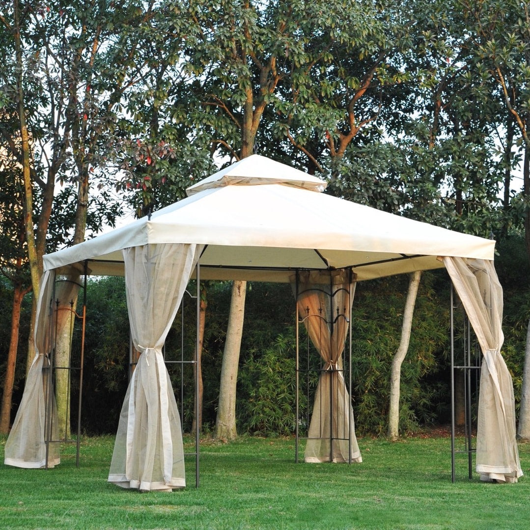 10' x 10' Steel Gazebo Canopy Garden Patio Tent Shelter w Tiered Fabric Roof, Mesh Walls, Beige