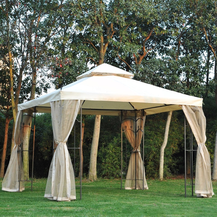 10' x 10' Steel Gazebo Canopy Garden Patio Tent Shelter w Tiered Fabric Roof, Mesh Walls, Beige