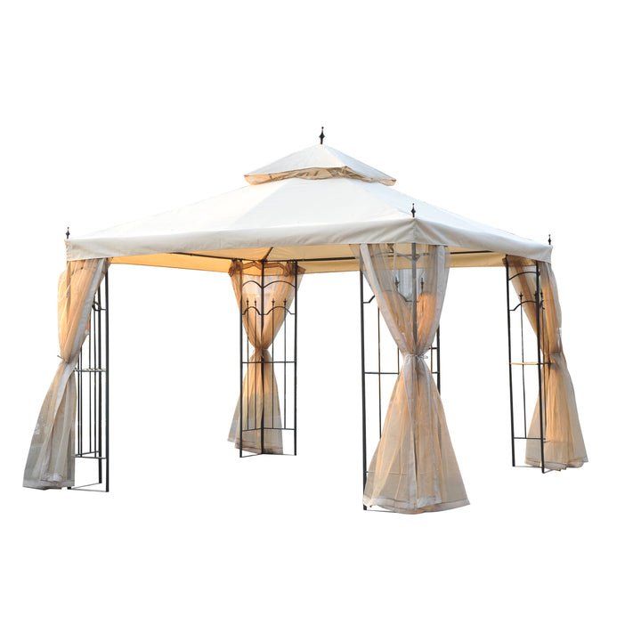10' x 10' Steel Gazebo Canopy Garden Patio Tent Shelter w Tiered Fabric Roof, Mesh Walls, Beige