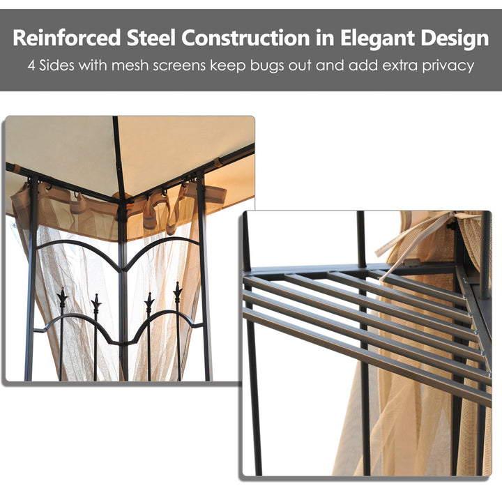 10' x 10' Steel Gazebo Canopy Garden Patio Tent Shelter w Tiered Fabric Roof, Mesh Walls, Beige