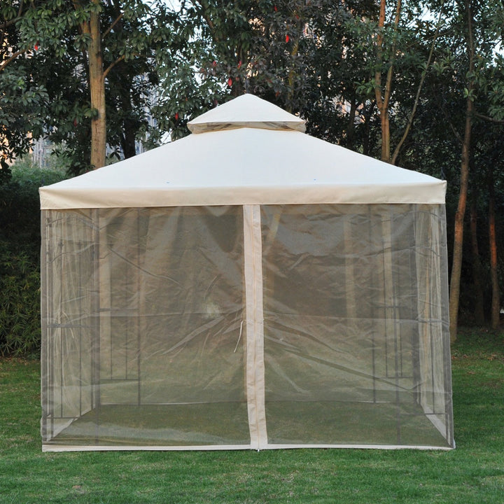 10' x 10' Steel Gazebo Canopy Garden Patio Tent Shelter w Tiered Fabric Roof, Mesh Walls, Beige