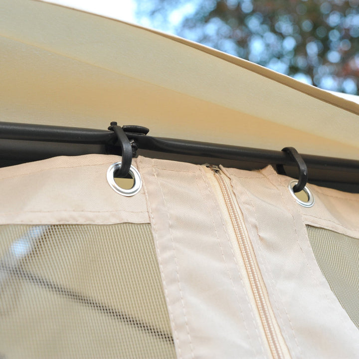 10' x 10' Steel Gazebo Canopy Garden Patio Tent Shelter w Tiered Fabric Roof, Mesh Walls, Beige