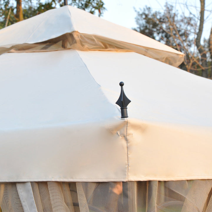 10' x 10' Steel Gazebo Canopy Garden Patio Tent Shelter w Tiered Fabric Roof, Mesh Walls, Beige